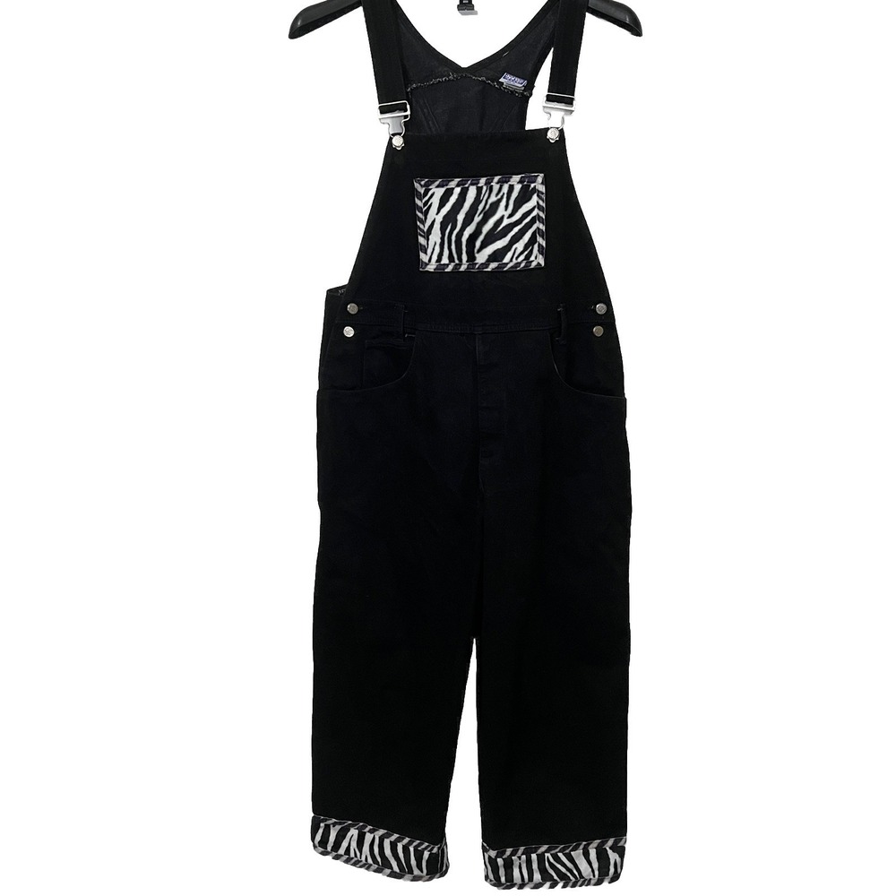 Vintage WATCH LA Black Cargo Denim Jean Bib Overalls‎ Zebra Print Women Size XL